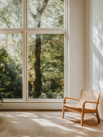 Bright room features large windows showcasing lush greenery outside. A wooden chair adds a cozy touch to the tranquil atmosphere filled with sunlight.の素材