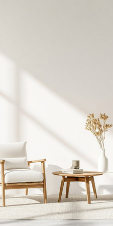 A cozy living room features a wooden chair with soft cushions beside a round wooden table. Sunlight pours in, highlighting the decor and a vase of dried flowers on the table.の素材