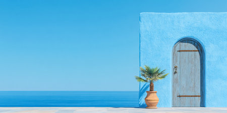 A serene coastal view features a striking blue wall with a rustic wooden door, complemented by a potted palm. The scene captures the calmness of the sea and bright blue sky.の素材