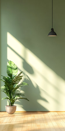 Sunlight streams through a window, casting soft shadows on a pale green wall. A lush green plant in a pot adds life to the cozy space, illuminated by a pendant light.の素材