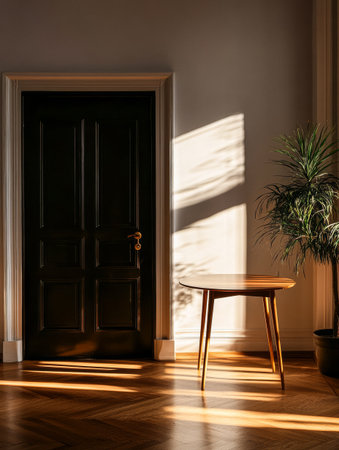 Natural light filters through a dark door, casting shadows on a round wooden table beside a lush potted plant in a warmly decorated room.の素材