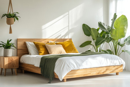 A bright and airy bedroom features a wooden bed with soft bedding and decorative pillows. Potted plants enhance the natural ambiance, complemented by warm sunlight filtering through the windows.の素材