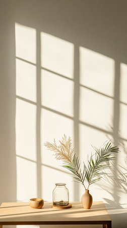 Natural light filters through a window, creating intricate shadows on a wall. A simple table holds a glass jar and a vase with greenery, adding a touch of tranquility.の素材