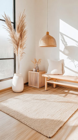 A spacious living room filled with natural light showcases a wooden bench, decorative plants, and a cozy rug on the floor, creating a tranquil atmosphere.の素材