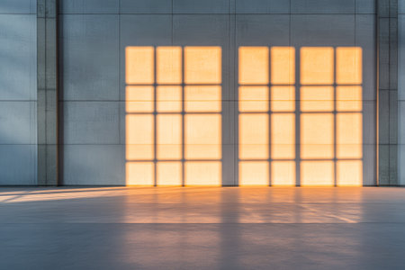 Golden sunlight filters through large windows, creating structured shadows on an open, minimalist space. The calm atmosphere reflects a late afternoon scene in a contemporary environment.の素材