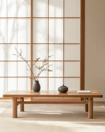 A minimalist living room features a wooden table with a vase holding branches, complemented by a stone pot. Soft natural light filters through the sliding panels, creating a serene atmosphere.の素材