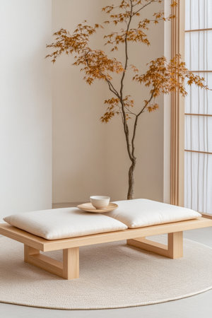 A stylish wooden coffee table with soft cushions and a simple tea set is elegantly arranged in a serene room. A decorative plant adds a touch of nature to the calming ambiance.の素材
