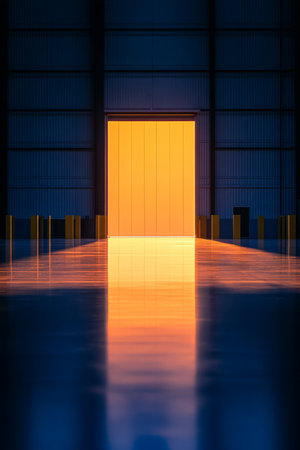 A glowing doorway opens into a dimly lit warehouse at dusk, casting vibrant orange light across the shiny blue floor, creating a striking visual contrast and intrigue.の素材