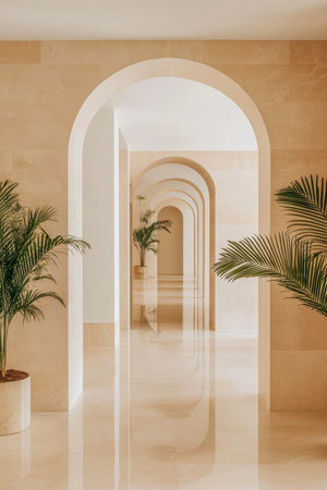 This spacious hallway features multiple elegant arches and potted palm plants, creating a serene atmosphere in a contemporary architectural space, illuminated by natural light.の素材
