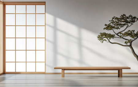 A serene room showcases a wooden bench beside a bonsai tree against a white wall, highlighting minimalist design elements with natural light streaming through.の素材