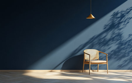 A stylish wooden armchair rests against a deep blue wall, illuminated by natural light creating beautiful shadows on the floor, enhancing the peaceful ambiance.の素材