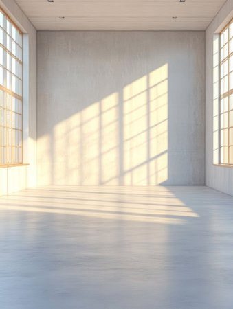 A minimalist interior space showcases large windows allowing sunlight to pour in, casting beautiful shadows on the clean concrete floor, highlighting its emptiness and tranquility.の素材