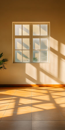 Soft rays of sunlight fill the room, creating distinct shadows on the warm tiled floor. A solitary plant adds a touch of nature to the serene interior space.の素材