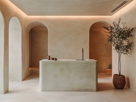 A contemporary room showcases a minimalist design with smooth surfaces and natural textures. Arched doorways and soft lighting create a serene atmosphere, complemented by a simple plant.の素材