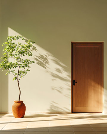 A stylish interior showcases a potted tree next to a wooden door. Sunlight casts elegant shadows on the wall, enhancing the serene atmosphere of the space.の素材
