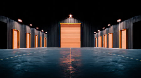 Modern storage facility features multiple units with bright orange doors set against a dark background, illuminated by overhead lights, creating a striking contrast.の素材