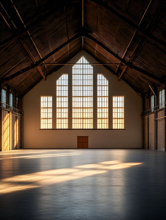 A vast industrial hall showcases tall windows that allow warm sunlight to pour in, casting long shadows on the floor. The atmosphere feels calm and inviting, perfect for events or gatherings.の素材
