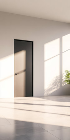 Natural light pours into a minimalist space, creating shadows on the floor. A sleek door leads out of the area, while a green plant adds a touch of nature to the setting.の素材