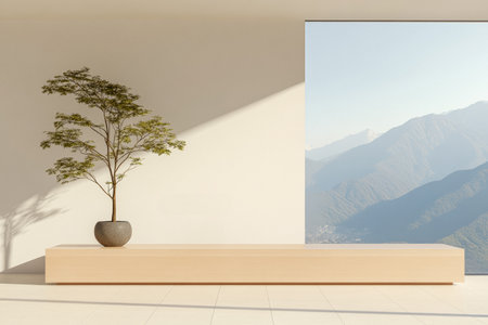 A minimalist living space includes a light wooden bench adorned with a potted tree. Large windows showcase a stunning mountain view, enhancing the serene atmosphere.の素材