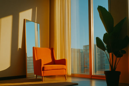 An inviting orange armchair sits by a large window, allowing warm sunlight to illuminate the room. A decorative plant stands nearby, enhancing the relaxing atmosphere.の素材