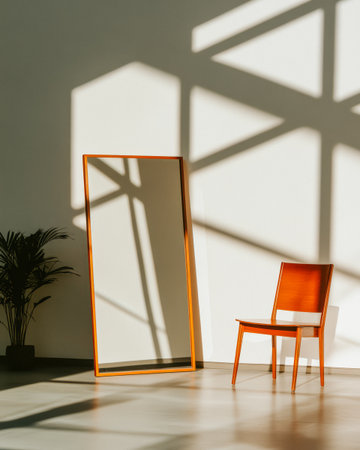 A modern room features a simple wooden chair beside a large mirror. Natural light filters in, creating captivating shadows on the floor and walls, complemented by a green plant nearby.の素材