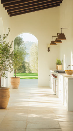 A modern kitchen features white cabinetry, rustic light fixtures, and natural light streaming in. Potted plants line the space, enhancing the peaceful atmosphere with outdoor views.の素材