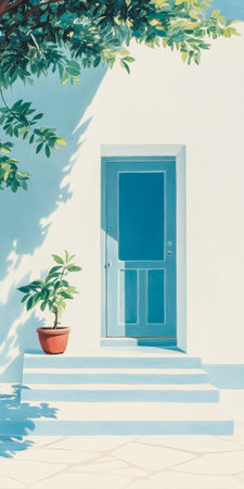 A charming blue door stands at the entrance of a sunlit courtyard. A vibrant potted plant rests beside the steps, enhancing the welcoming atmosphere of the scene.の素材