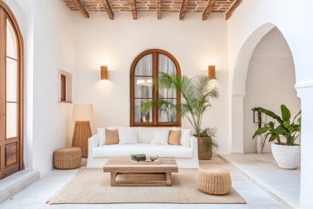 This stylish living room features a comfortable white sofa, wooden furniture, and lush plants, creating a serene atmosphere in a beautifully designed villa.の素材