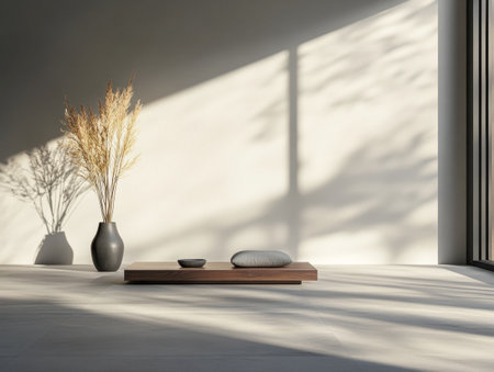 A tranquil indoor space showcases a minimalistic design featuring a wooden platform, a stone, and a vase with dried flowers. Soft shadows create a peaceful atmosphere.の素材