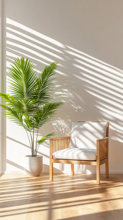 Sunlight filters through sheer curtains, casting striped shadows on a wooden floor. A simple chair and a vibrant green plant create a tranquil setting in the bright living room corner.の素材