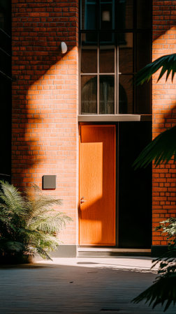 A bright orange door stands prominently against a textured brick wall, surrounded by lush greenery in an urban courtyard basking in sunlight.の素材