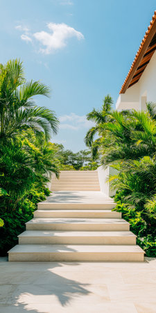 A well-maintained staircase leads upwards through vibrant lush plants under a clear blue sky, creating a serene and inviting atmosphere perfect for relaxation.の素材