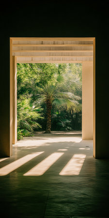 Soft sunlight flows through an open doorway, illuminating a pathway that leads into a vibrant garden filled with lush greenery and palm trees, creating a tranquil atmosphere.の素材