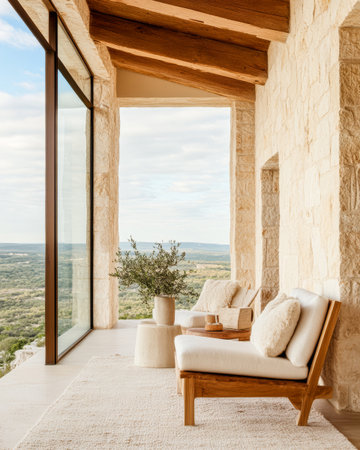A stylish seating area features two wooden lounge chairs overlooking expansive natural scenery. Bright, airy space reflects a contemporary design aesthetic, enhancing relaxation and tranquility.の素材