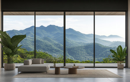 Stylish living room showcases a stunning view of mountains enveloped in mist, bathed in soft morning light. Lush greenery enhances the serene atmosphere.の素材