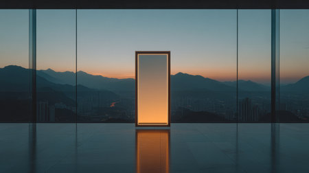 The view captures a serene sunset illuminating a glowing door, framed by glass walls of a high-rise building with mountains in the distance. The atmosphere feels calm and sophisticated.の素材