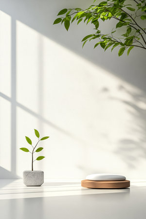 A small potted plant with vibrant green leaves stands beside a smooth stone on a white surface. Soft sunlight creates gentle shadows, enhancing the tranquil atmosphere.の素材
