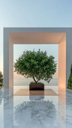 A contemporary outdoor area displays a prominent tree in a minimalist structure, overlooking the sea during sunset. The atmosphere is calm and serene, perfect for relaxation.の素材