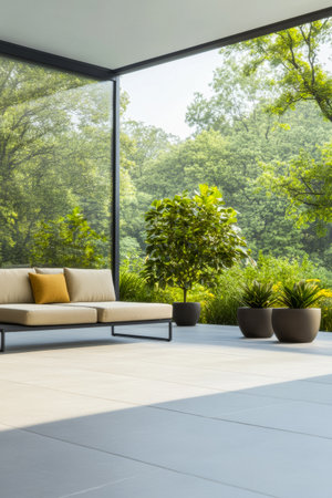 A modern outdoor lounge area features a minimalist sofa adorned with a yellow cushion. Surrounding it, vibrant plants and a tranquil landscape create a peaceful retreat.の素材