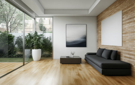 Bright living room featuring a minimalist design, large glass windows, natural wood flooring, and a view of lush greenery outside. A sleek couch and simple coffee table complete the space.の素材
