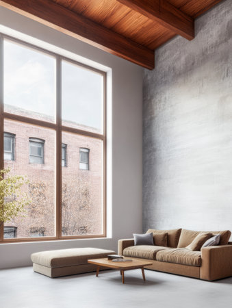 A spacious living room showcases large windows allowing natural light to flood in. A cozy sofa and a simple coffee table complement the minimalist decor in an urban area.の素材