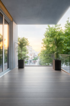A modern balcony offers a tranquil view of an urban street lined with trees during sunset. The space is elegantly designed with wooden flooring and plant pots, creating a peaceful atmosphere.の素材
