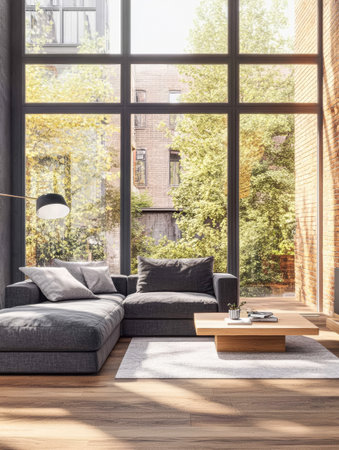 A spacious living room features a sectional sofa, coffee table, and large windows showcasing greenery outside. Bright daylight fills the room, creating a warm and inviting atmosphere.の素材
