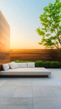 A sleek outdoor lounge area featuring a spacious, minimalist daybed rests on tiled flooring. Lush greenery and a wooden privacy wall frame the vibrant sunset.の素材