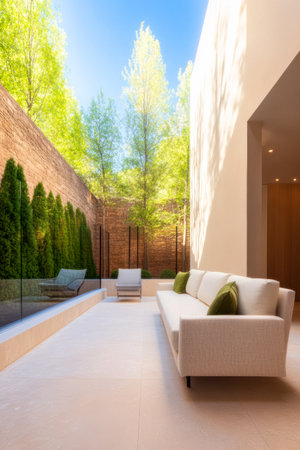 A serene courtyard features modern white seating adorned with green cushions. Sunlight filters through trees, creating a peaceful ambiance. Glass panels enhance the open feel.の素材