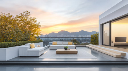 A stylish outdoor lounge features white furniture and a wooden table, overlooking a city skyline and surrounding mountains during a colorful sunset. The atmosphere is serene and inviting.の素材