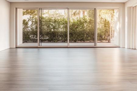 Bright open space features polished wooden flooring and expansive windows that offer a view of vibrant green plants outside. This room exudes tranquility and modern design.の素材