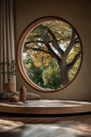 Sunlight pours through a round window, illuminating a simple indoor area with wooden elements. Outside, a large tree displays vibrant autumn foliage, creating a tranquil atmosphere.の素材