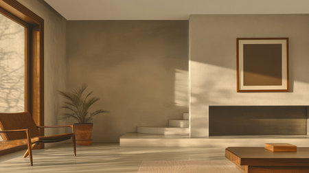 Bright, airy living room featuring a comfortable chair, a potted plant, and a simple staircase. Natural light filters through the window, highlighting the minimalist design and earthy tones.の素材