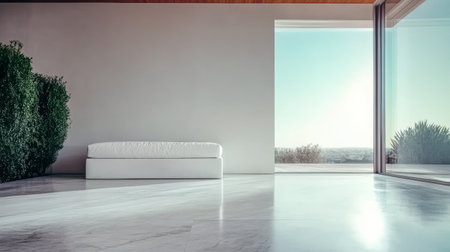 Bright and airy space featuring a sleek white couch beside large glass windows, offering scenic views of greenery and open sky. The simplicity enhances the tranquil atmosphere.の素材
